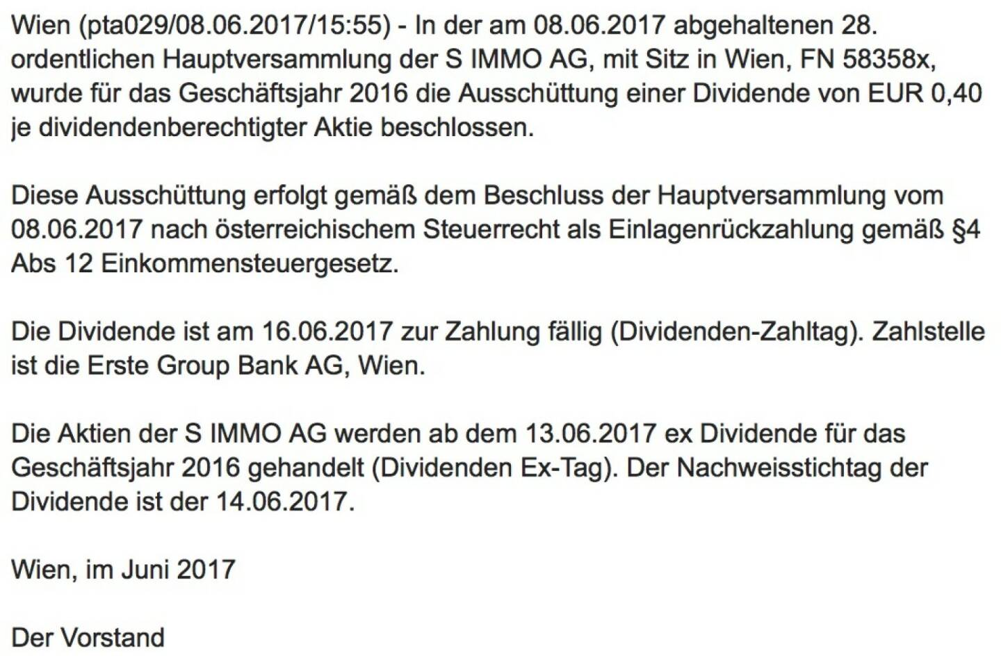 Indexevent Rosinger-Index 27: S Immo Dividende
13.6.
Dividende 0,40 EUR
-> Erhöhung Stückzahl um 3,17 Prozent