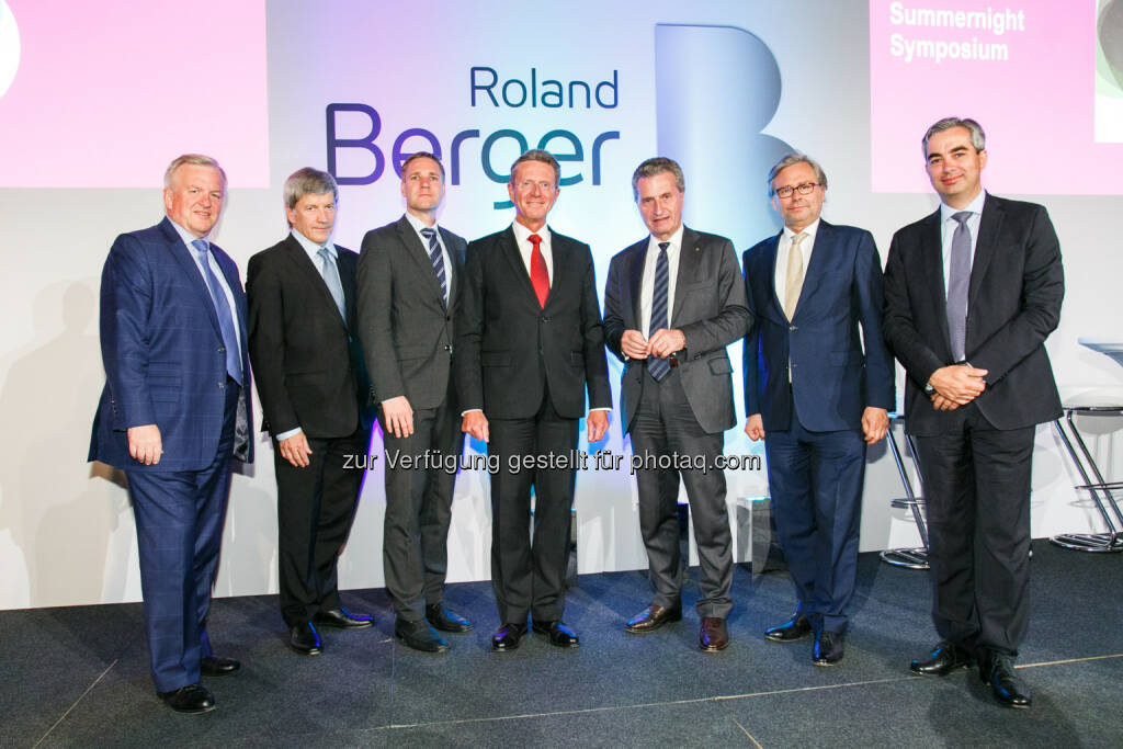 Ing. Rudolf Kemler (Roland Berger), Dr. Johann Strobl (Vorsitzender des Vorstandes, Raiffeisen Bank International AG), Univ.-Prof. MMag. Dr. Gottfried Haber (Donau-Universität Krems), Prof. Roland Falb (Roland Berger), Günther H. Oettinger (Europäischer Kommissar für Haushalt und Personal), Dr. Alexander Wrabetz (Generaldirektor ORF), Dr. Vladimir Preveden (Roland Berger) - Roland Berger Strategy Consultants GmbH: 19. Roland Berger Summernight Symposium: „Die Perspektiven Europas zwischen Arbeitsmarktflaute und Digitalisierung (Fotocredit: Roland Berger/APA-Fotoservice/Rastegar), © Aussender (20.06.2017) 