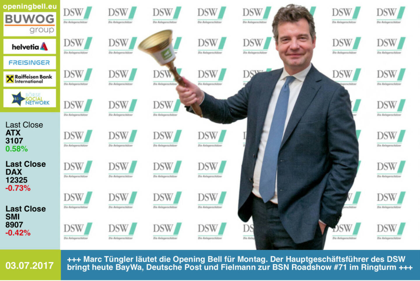 #openingbell am 3.7.: Marc Tüngler läutet die Opening Bell für Montag. Der Hauptgeschäftsführer des DSW bringt heute BayWa, Deutsche Post und Fielmann zur BSN Roadshow #71 im Ringturm http://www.dsw-info.de http://www.boerse-social.com/roadshow  https://www.facebook.com/groups/GeldanlageNetwork/ #goboersewien 