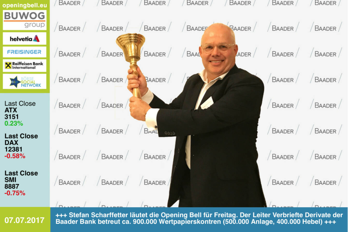 #openingbell am 7.7.:  Stefan Scharffetter läutet die Opening Bell für Freitag. Der Leiter Verbriefte Derivate bei der Baader Bank betreut ca. 900.000 Wertpapierskontren (500.000 Anlage-, 400.000 Hebelprodukte) https://www.baaderbank.de https://www.facebook.com/groups/GeldanlageNetwork/ #goboersewien 