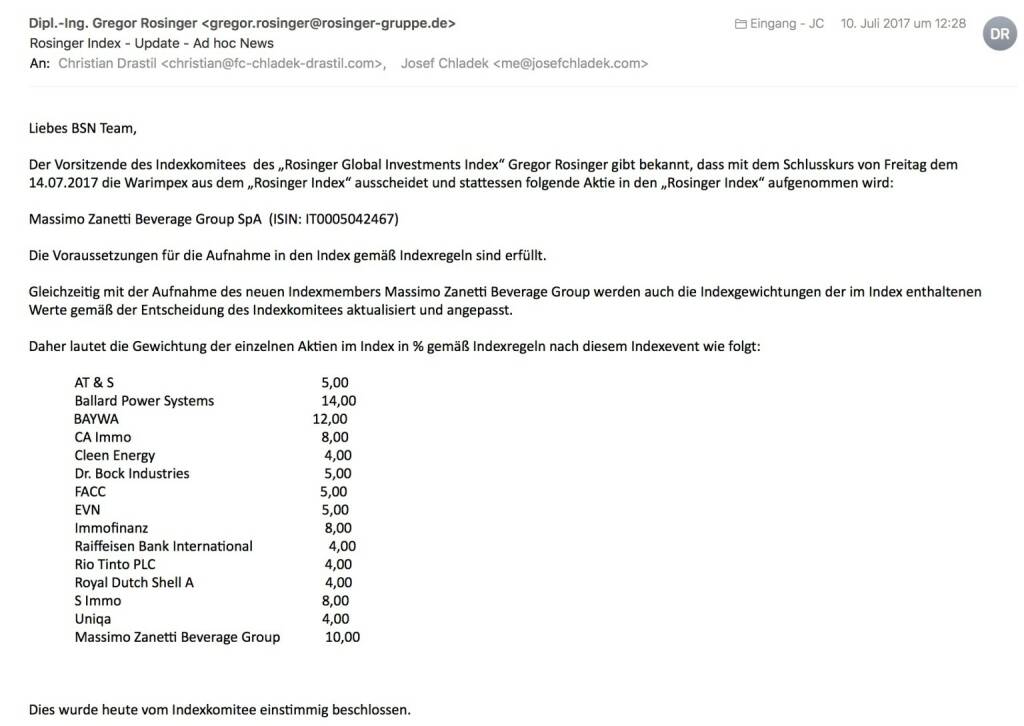 Indexevent Rosinger-Index 30: Aufnahme Massimo Zanetti Beverage Group per Schlusskurse 14.7.2017, Herausnahme Warimpex ebenfalls per 14.7.2017 (15.07.2017) 