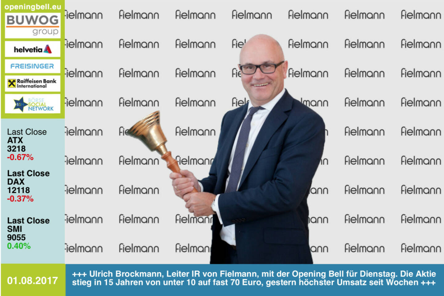 #openingbell am 1.8.: Ulrich Brockmann, Leiter IR von Fielmann, läutet die Opening Bell für Dienstag. Die Aktie stieg in 15 Jahren von unter 10 auf fast 70 Euro, gestern gab es den höchsten Handelsumsatz seit Wochen https://www.fielmann.at https://www.facebook.com/groups/GeldanlageNetwork/ 