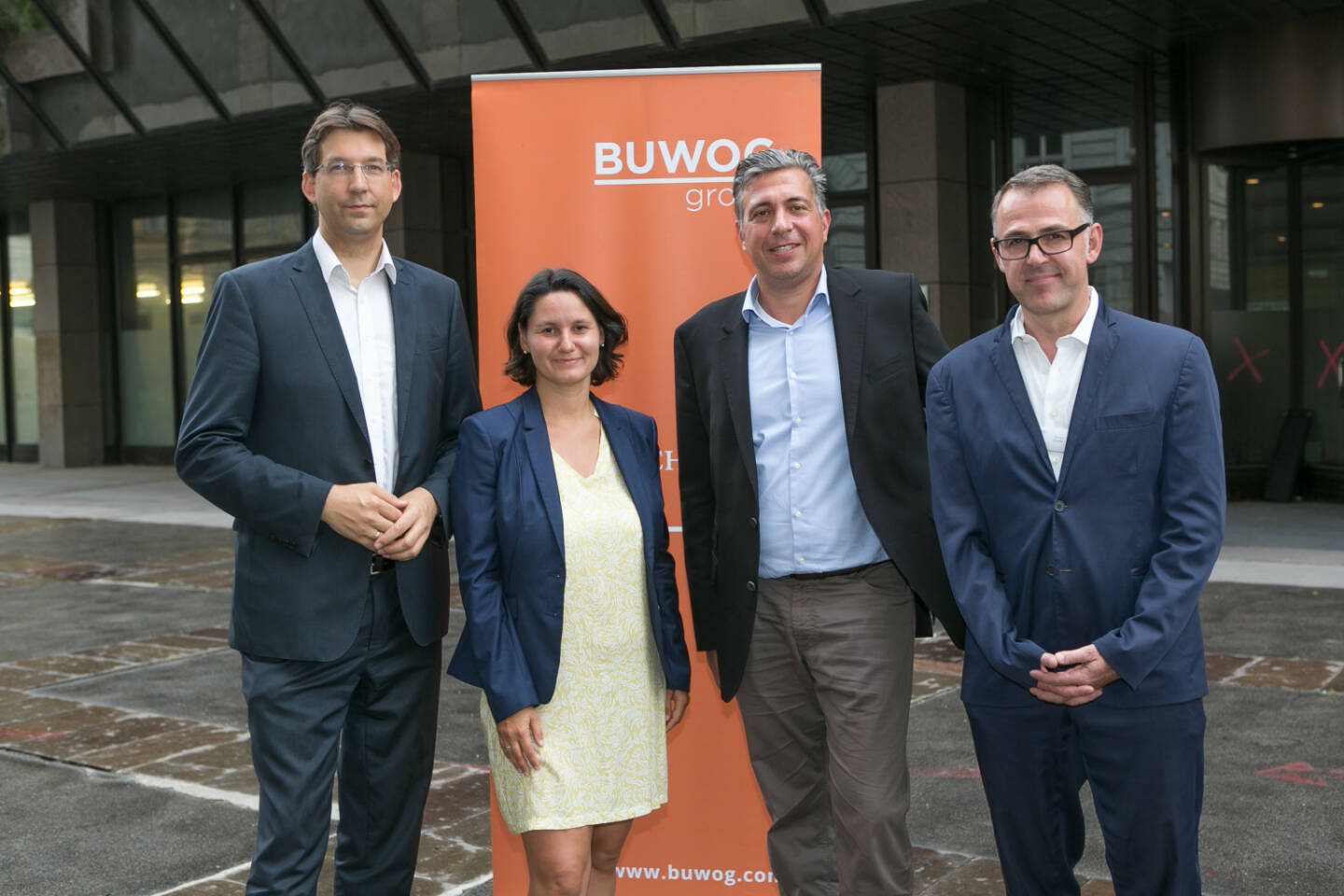 Buwog: Zeitplan Projekt Rathausstraße + Infoveranstaltung  (v.l.n.r.) Markus Figl (BV 1. Bezirk), Veronika Mickel-Göttfert (BV 8. Bezirk), Buwog-GF Andreas Holler, Anrainer-Ombudsmann Thomas Romm (c) Martina Draper für Buwog