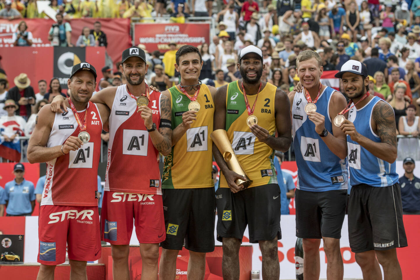 ACTS Sportveranstaltungen GmbH: Beach Volleyball World Championship Vienna - Silver Medalists Clemens Doppler and Alexander Horst of Austria, Gold Medalists Evandro Goncalves Oliveira Junior and Andre Loyola Stein of Brazil, Bronze Medalists Nikita Liamin and Viacheslav Krasilnikov of Russia; Fotograf: Jörg Mitter, Fotocredit: Acts Sport