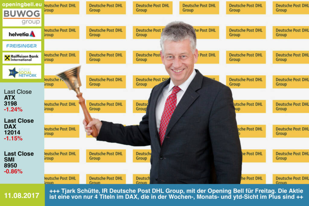 #openingbell am 11.8.: Tjark Schütte, Investor Relations Deutsche Post DHL Group, läutet die Opening Bell für Freitag. Die Aktie ist eine von nur 4 Titeln im DAX, die in der Wochen-, Monats- und ytd-Sicht im Plus sind http://www.dpdhl.com/de.html https://www.facebook.com/groups/GeldanlageNetwork (11.08.2017) 