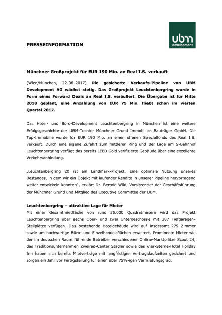 UBM: Münchner Großprojekt für 190 Mio. Euro an Real I.S. verkauft, Seite 1/3, komplettes Dokument unter http://boerse-social.com/static/uploads/file_2311_ubm_munchner_grossprojekt_fur_190_mio_euro_an_real_is_verkauft.pdf (22.08.2017) 
