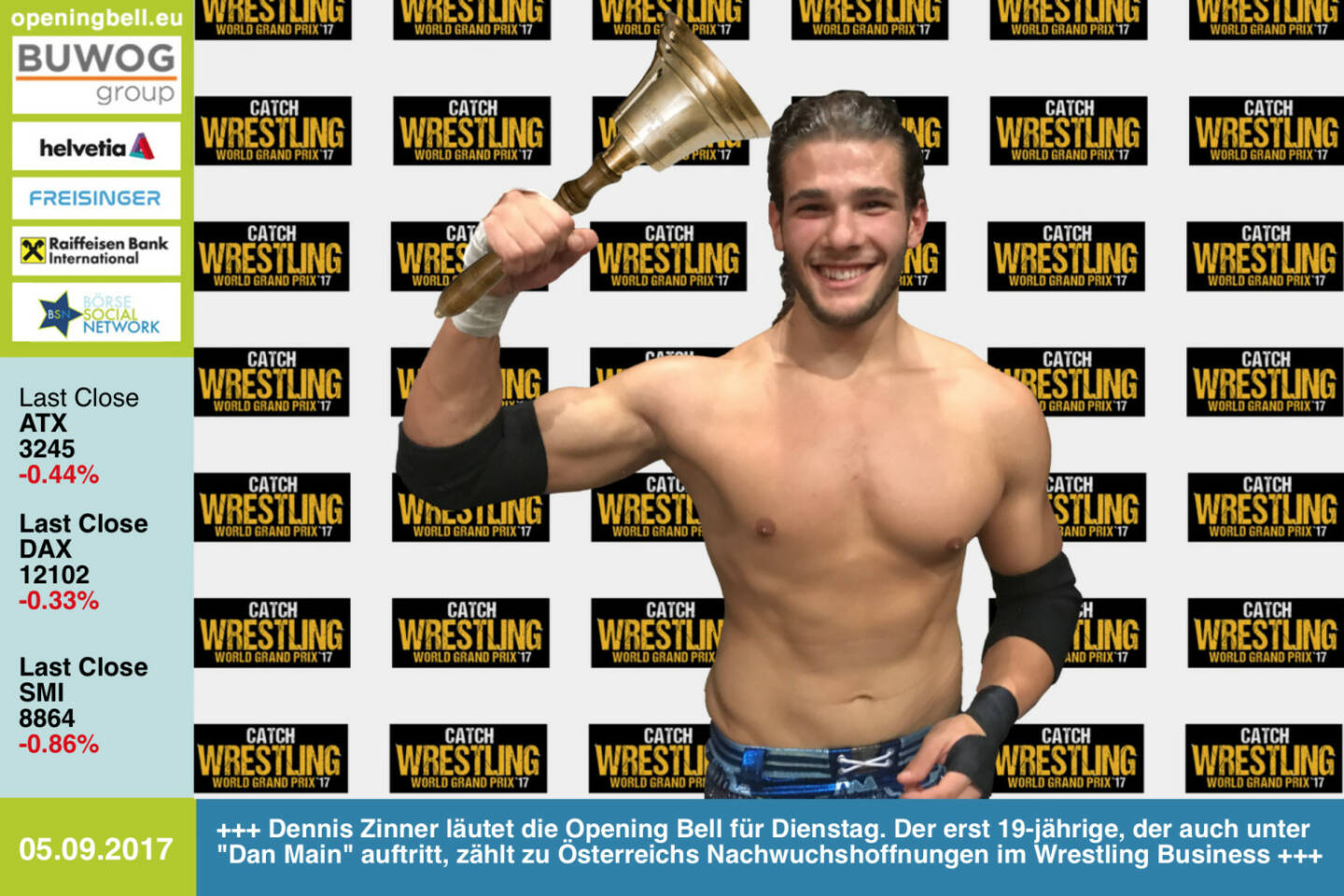 #openingbell am 5.9.: Dennis Zinner läutet die Opening Bell für Dienstag. Der erst 19-jährige, der auch unter Dan Main auftritt, zählt zu Österreichs Nachwuchshoffnungen im Wrestling Business https://www.facebook.com/danmainwrestling https://www.instagram.com/danmainofficial/  https://www.facebook.com/groups/Sportsblogged/ 