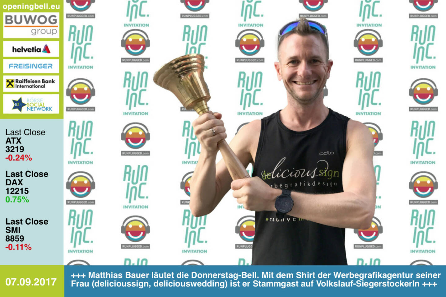 #openingbell am 7.9.: Matthias Bauer läutet die Opening Bell für Donnerstag im Rahmen der RunInc-Invitation. Mit dem Shirt der Werbegrafikagentur seiner Frau (delicioussign, deliciouswedding) ist er Stammgast auf Volkslauf-Siegerstockerln http://www.delicioussign.at http://www.runinc.at  http://www.runplugged.com https://www.facebook.com/groups/Sportsblogged/  