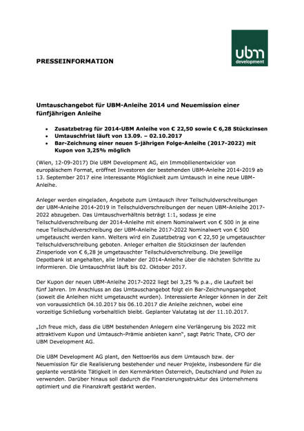 Umtauschangebot für UBM-Anleihe 2014 und Neuemission einer fünfjährigen Anleihe, Seite 1/3, komplettes Dokument unter http://boerse-social.com/static/uploads/file_2334_umtauschangebot_fur_ubm-anleihe_2014_und_neuemission_einer_funfjahrigen_anleihe.pdf (12.09.2017) 