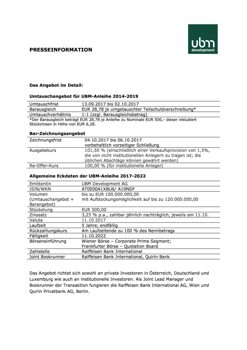 Umtauschangebot für UBM-Anleihe 2014 und Neuemission einer fünfjährigen Anleihe, Seite 2/3, komplettes Dokument unter http://boerse-social.com/static/uploads/file_2334_umtauschangebot_fur_ubm-anleihe_2014_und_neuemission_einer_funfjahrigen_anleihe.pdf