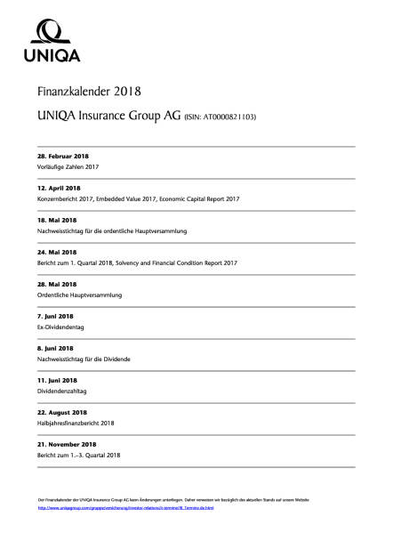 Uniqa: Finanzkalender 2018, Seite 1/1, komplettes Dokument unter http://boerse-social.com/static/uploads/file_2341_uniqa_finanzkalender_2018.pdf (19.09.2017) 