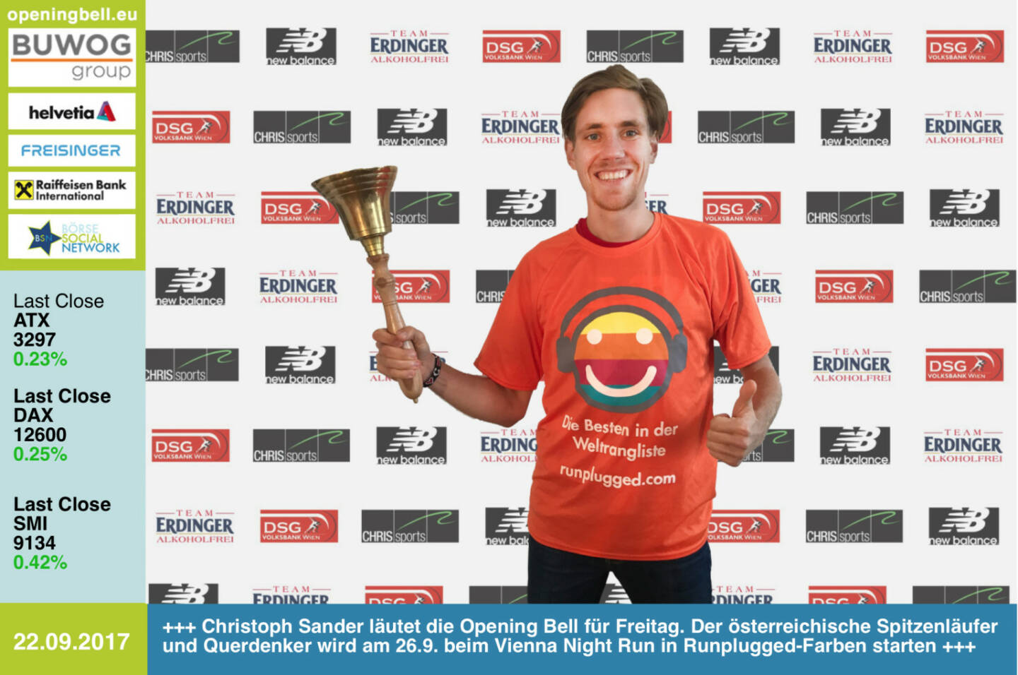 #openingbell am 22.9.: Christoph Sander läutet die Opening Bell für Freitag. Der österreichische Spitzenläufer und Querdenker wird am 26.9. beim Vienna Night Run in den Runplugged-Farben starten http://www.runplugged.com https://www.facebook.com/groups/Sportsblogged/  