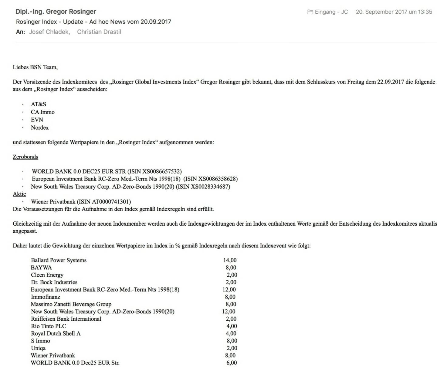 Indexevent Rosinger-Index 35: Aufnahme World Bank 0.0 Dec25 EUR Str., European Investment Bank RC-Zero Med.-Term Nts 1998(18), New South Wales Treasury Corp. AD-Zero-Bonds und Wiener Privatbank per Schlusskurse 22.9.2017, Herausnahme AT&S, CA Immo, EVN, Nordex ebenfalls per 22.9.2017