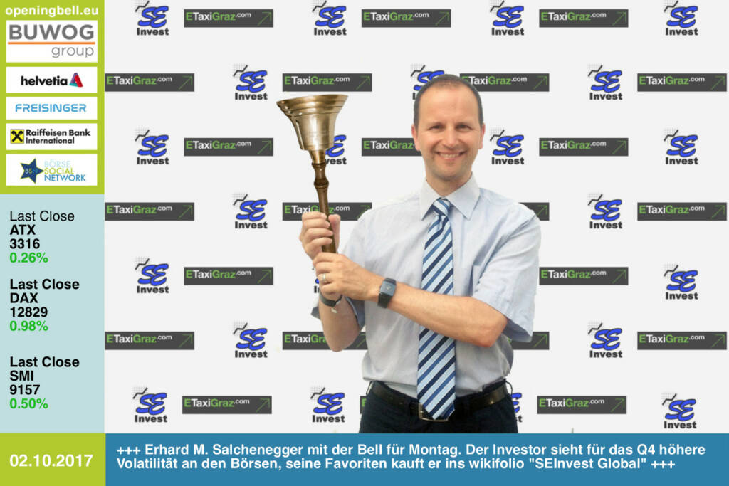 #openingbell am 2.10.: Erhard M. Salchenegger läutet die Opening Bell für Montag. Der Investor sieht für das Q4 höhere Volatilität an den Börsen, seine Favoriten kauft er ins wikifolio SEInvest Global https://www.facebook.com/groups/GeldanlageNetwork/ #goboersewien  (02.10.2017) 