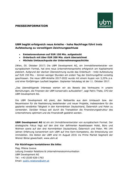 UBM begibt erfolgreich neue Anleihe, Seite 1/2, komplettes Dokument unter http://boerse-social.com/static/uploads/file_2357_ubm_begibt_erfolgreich_neue_anleihe.pdf (05.10.2017) 