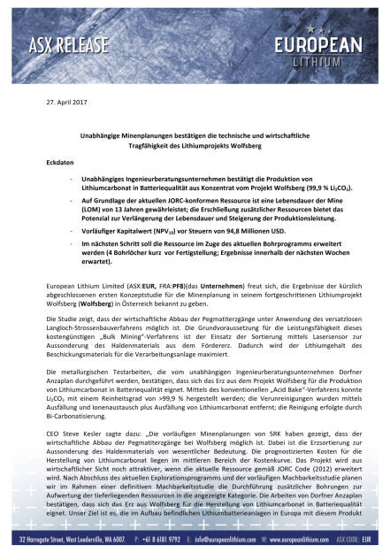 European Lithium: Studie zeigt Technische und wirtschaftliche Tragfähigkeit des Lithiumprojekts Wolfsberg, Seite 1/13, komplettes Dokument unter http://boerse-social.com/static/uploads/file_2367_european_lithium_studie_zeigt_technische_und_wirtschaftliche_tragfahigkeit_des_lithiumprojekts_wolfsberg.pdf (18.10.2017) 