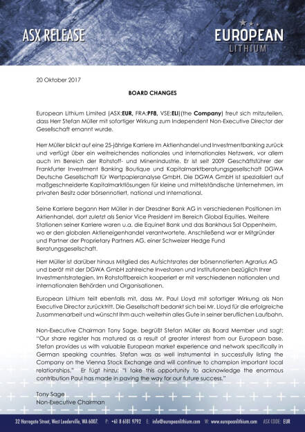 European Lithium: Stefan Müller wird Independent Non-Executive Director , Seite 1/2, komplettes Dokument unter http://boerse-social.com/static/uploads/file_2371_european_lithium_stefan_muller_wird_independent_non-executive_director.pdf (20.10.2017) 