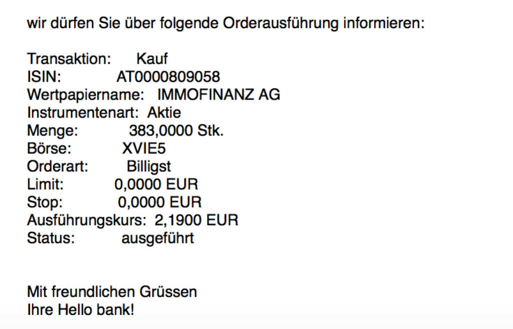 Kauf Immofinanz für #100100hello #goboersewien (23.10.2017) 