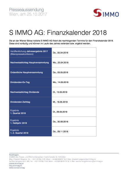 S Immo: Finanzkalender 2018, Seite 1/1, komplettes Dokument unter http://boerse-social.com/static/uploads/file_2377_s_immo_finanzkalender_2018.pdf (25.10.2017) 