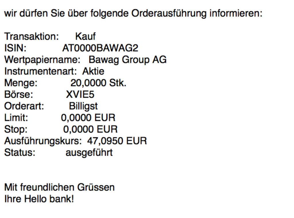 Nachkauf Bawag Group für #100100hello vor der ATX-Aufnahme #goboersewien (25.10.2017) 