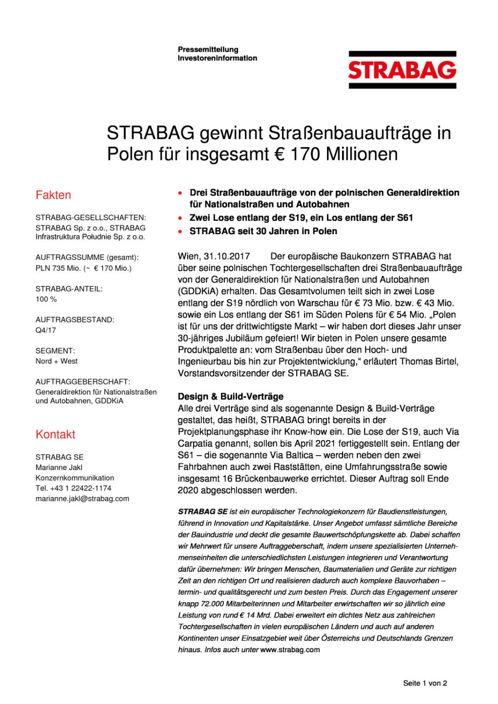 Strabag gewinnt Straßenbauaufträge in Polen für insgesamt 170 Millionen Euro, Seite 1/2, komplettes Dokument unter http://boerse-social.com/static/uploads/file_2382_strabag_gewinnt_strassenbauauftrage_in_polen_fur_insgesamt_170_millionen_euro.pdf