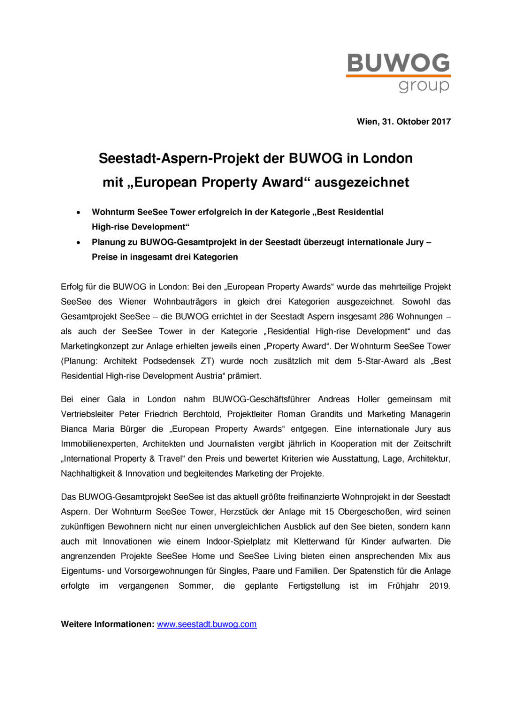 Seestadt-Aspern-Projekt der Buwog in London mit „European Property Award“ ausgezeichnet, Seite 1/2, komplettes Dokument unter http://boerse-social.com/static/uploads/file_2383_seestadt-aspern-projekt_der_buwog_in_london_mit_european_property_award_ausgezeichnet.pdf