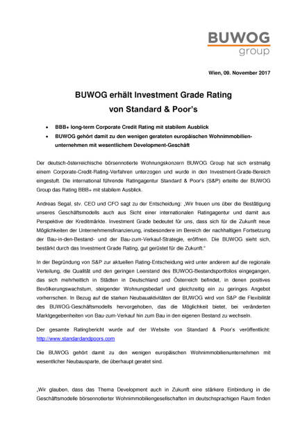 Buwog Group erhält Investment Grade Rating von S&P, Seite 1/2, komplettes Dokument unter http://boerse-social.com/static/uploads/file_2387_buwog_group_erhalt_investment_grade_rating_von_sp.pdf (10.11.2017) 