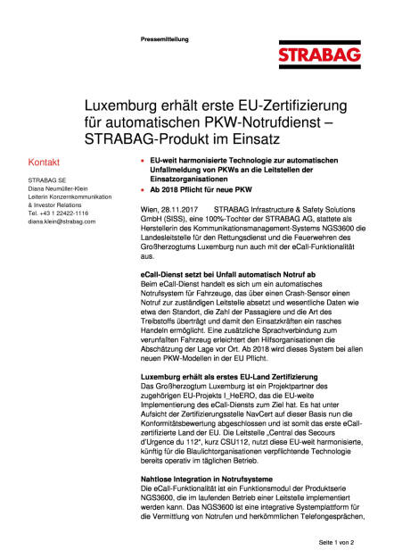 Strabag-Produkt im Einsatz: Luxemburg erhält erste EU-Zertifizierung für automatischen PKW-Notrufdienst, Seite 1/2, komplettes Dokument unter http://boerse-social.com/static/uploads/file_2403_strabag-produkt_im_einsatz_luxemburg_erhalt_erste_eu-zertifizierung_fur_automatischen_pkw-notrufdienst.pdf (28.11.2017) 