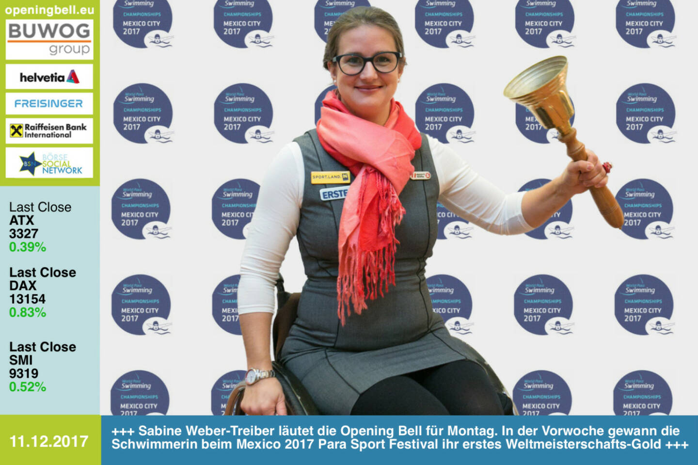 #openingbell am 11.12.: Sabine Weber-Treiber läutet die Opening Bell für Montag. In der Vorwoche gewann die Schwimmerin beim Mexico 2017 Para Sport Festival ihr erstes Weltmeisterschafts-Gold https://www.facebook.com/groups/Sportsblogged/ https://www.facebook.com/webertreiber/ https://www.paralympic.org/mexico-city-2017