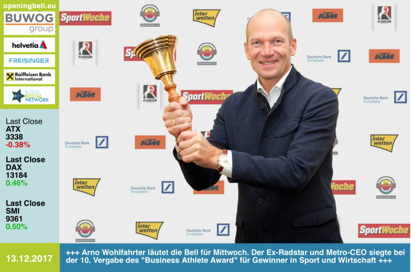 #openingbell am 13.12.:  Arno Wohlfahrter läutet die Opening Bell für Mittwoch. Der Ex-Radstar und Metro-CEO siegte bei der 10. Vergabe des Business Athlete Award für Gewinner in Sport und Wirtschaft. Alle Details, Pressemeldung, Diashow und 29-seitige Sondernummer samt Sport Woche Covergalerie unter http://www.runplugged.com/baa  - https://www.metro.at  http://www.ktm.at https://www.xmarkets.db.com www.rosinger-gruppe.de/ https://www.interwetten.com https://www.facebook.com/groups/GeldanlageNetwork/ #goboersewien https://www.facebook.com/groups/Sportsblogged/