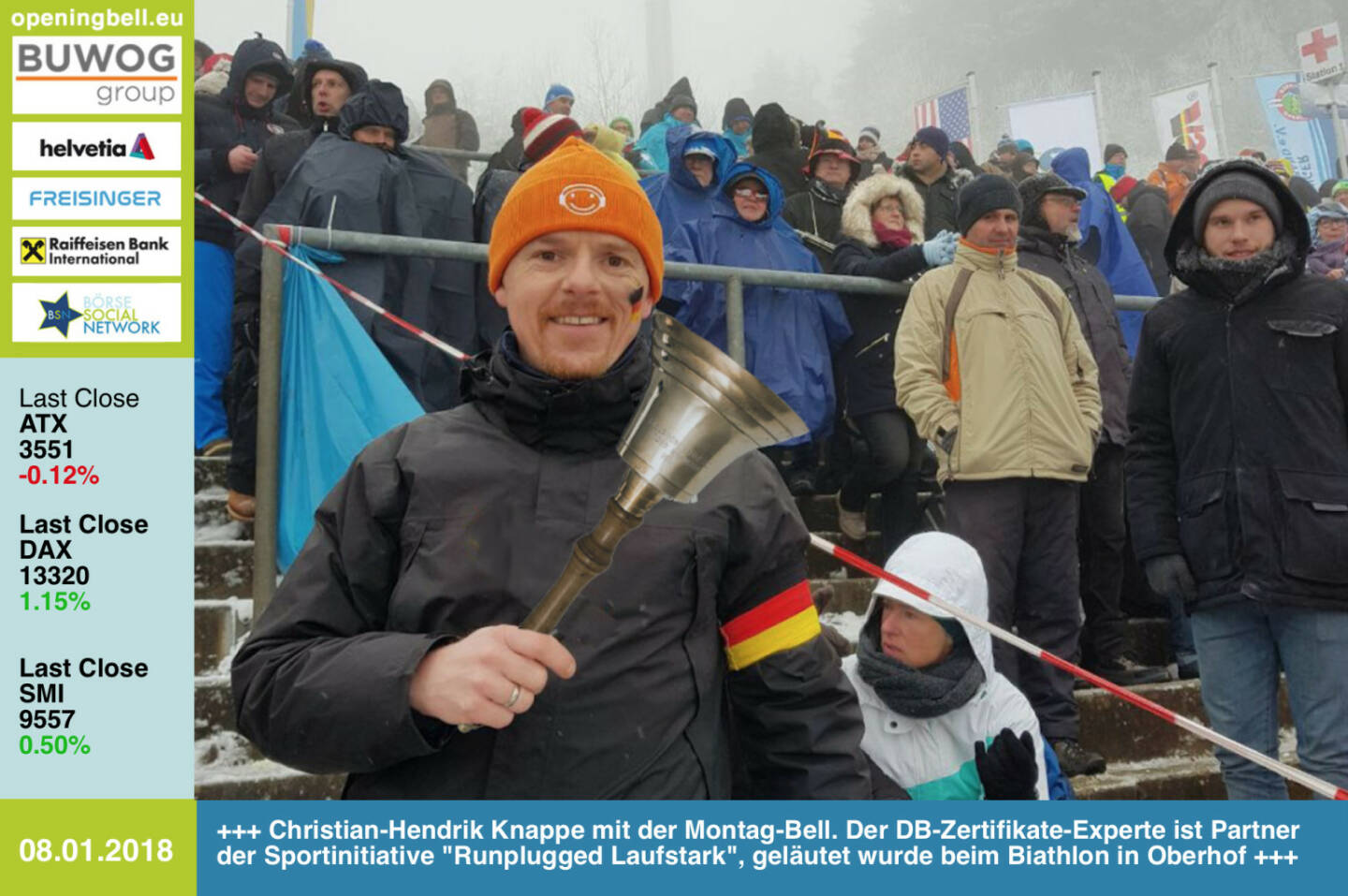 #openingbell am 8.1.: Christian-Hendrik Knappe mit der Opening Bell für Montag. Der Zertifikate-Experte von Deutsche Bank X-Markets ist Partner der Sportinitiative Runplugged Laufstark, geläutet wurde beim Biathlon in Oberhof www.xmarkets.com/‎ http://www.runplugged.com https://www.weltcup-oberhof.de/ https://www.facebook.com/groups/GeldanlageNetwork/ #goboersewien https://www.facebook.com/groups/Sportsblogged #runpluggedlaufstark