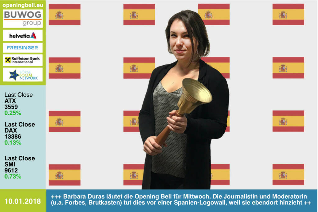 #openingbell am 10.1.: Barbara Duras läutet die Opening Bell für Mittwoch. Die Journalistin und Moderatorin (u.a. Ex-Forbes, -Brutkasten) tut dies vor einer Spanien-Logowall, weil sie ebendort hinzieht https://www.facebook.com/groups/GeldanlageNetwork/ #goboersewien   (10.01.2018) 