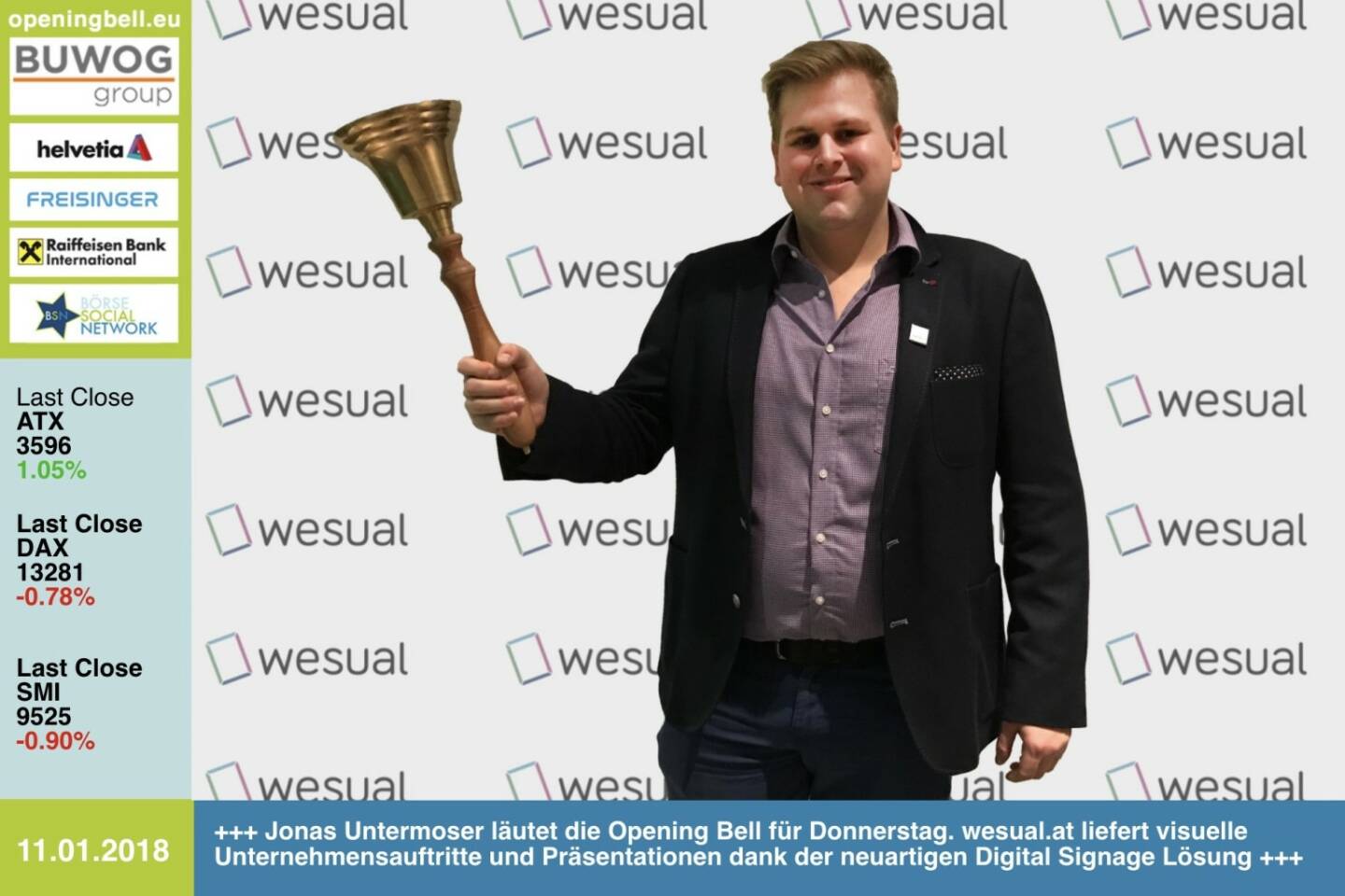 #openingbell am 11.1.: Jonas Untermoser läutet die Opening Bell für Donnerstag. wesual.at liefert visuelle Unter-nehmensauftritte und Präsentationen dank der neuartigen Digital Signage Lösung  
http://www.wesual.at https://www.facebook.com/groups/GeldanlageNetwork/ #goboersewien