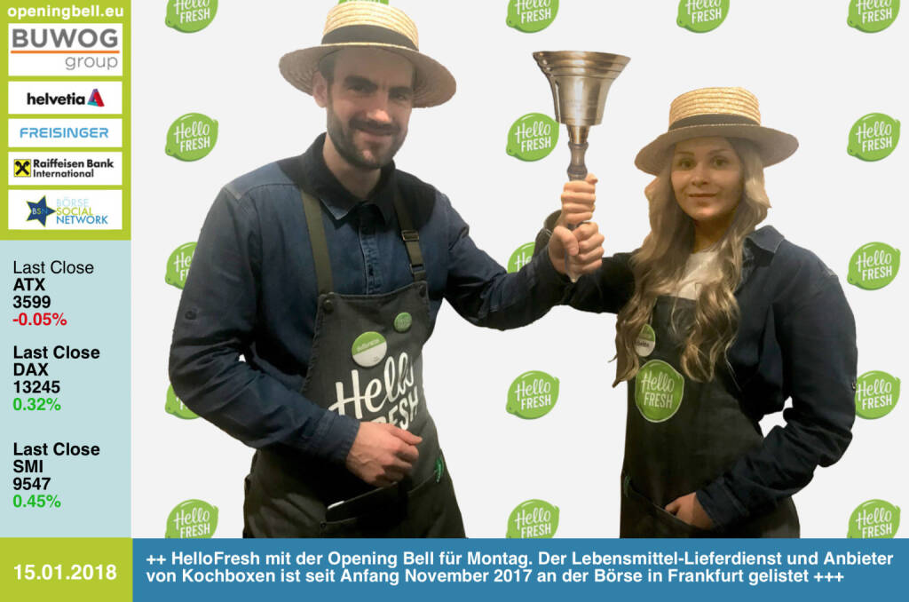 #openingbell am 15.1.: HelloFresh mit der Opening Bell für Montag. Der Lebensmittel-Lieferdienst und Anbieter von Kochboxen ist seit Anfang November 2017 an der Börse in Frankfurt gelistet https://www.hellofreshgroup.com/ https://www.facebook.com/groups/GeldanlageNetwork/ (15.01.2018) 