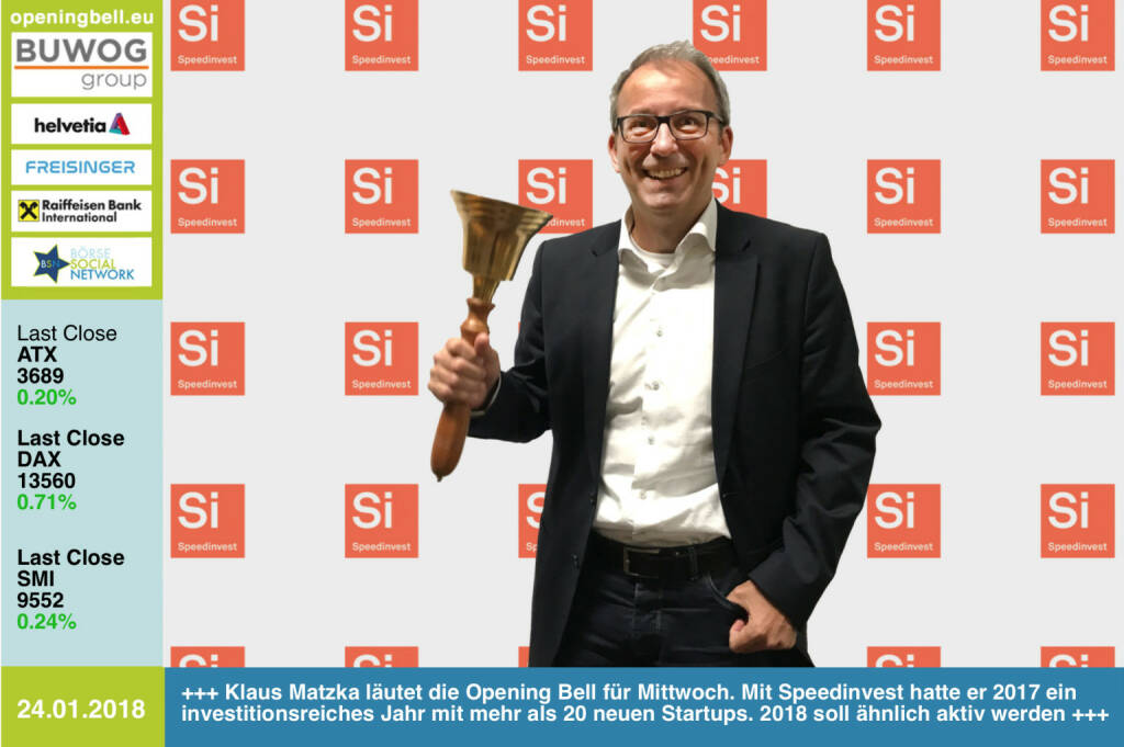 #openingbell am 24.1.: Klaus Matzka läutet die Opening Bell für Mittwoch. Mit Speedinvest hatte er 2017 ein investitionsreiches Jahr mit mehr als 20 neuen Startups. 2018 soll ähnlich aktiv werden http://speedinvest.com https://www.facebook.com/groups/GeldanlageNetwork/ #goboersewien  (24.01.2018) 