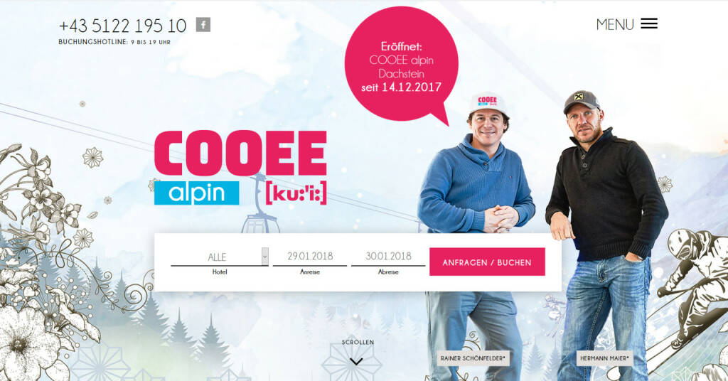 COOEE alpin Hotels von Rainer Schönfelder und Hermann Maier setzen auf die Kompetenz von websLINE und das ABM V5 Anfrage- & Buchungssystem; Fotocredit: COOEE alpin, © Aussender (29.01.2018) 