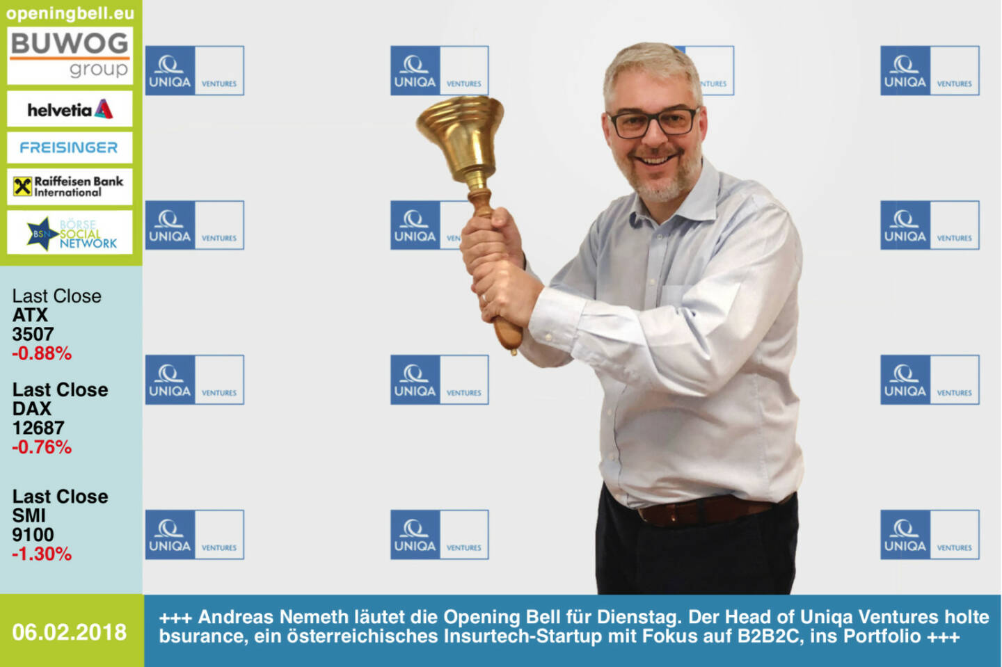 #openingbell am 6.2.: Andreas Nemeth läutet die Opening Bell für Dienstag. Der Head of Uniqa Ventures holte bsurance, ein österreichisches Insurtech-Startup mit Fokus auf  B2B2C, ins Portfolio http://www.uniqa.at https://www.facebook.com/groups/GeldanlageNetwork/ #goboersewien 