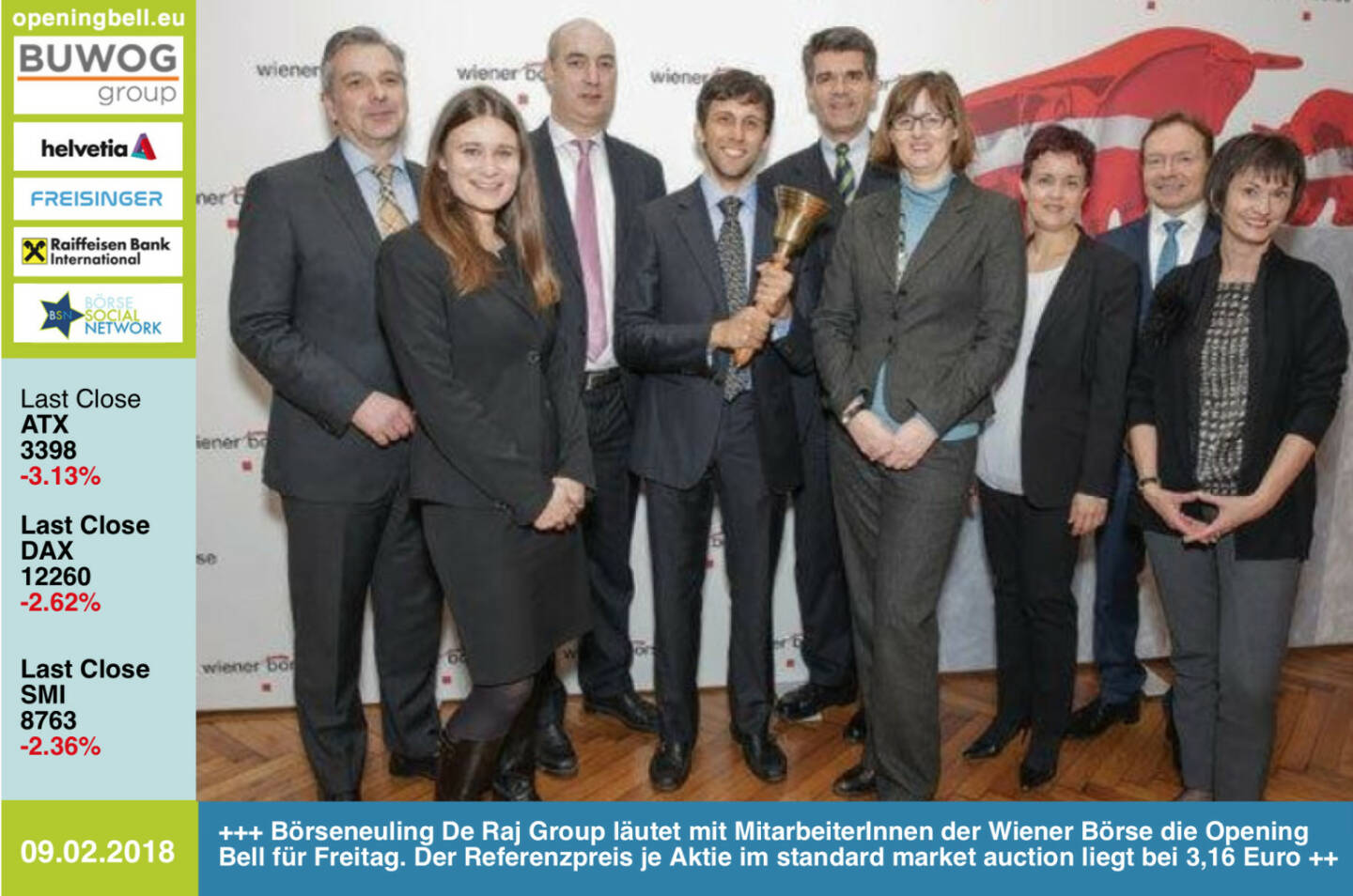 #openingbell am 9.2.: Börseneuling De Raj Group läutet mit MitarbeiterInnen der Wiener Börse die Opening Bell für Freitag. Seit gestern sind die Kölner an der Wiener Börse gelistet. Der Referenzpreis je Aktie im standard market auction liegt bei 3,16 Euro http://www.thederajgroup.com http://www.wienerborse.at https://www.facebook.com/groups/GeldanlageNetwork/ #goboersewien 