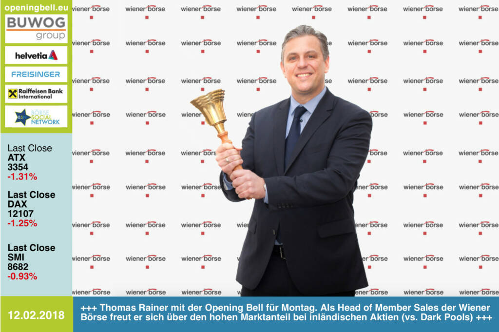 #openingbell am 12.2.: Thomas Rainer läutet die Opening Bell für Montag. Als Head of Member Sales der Wiener Börse freut er sich über den hohen Marktanteil bei inländischen Aktien (vs. Dark Pools wie Turquoise, Chix und Bate) http://www.wienerborse.at https://www.facebook.com/groups/GeldanlageNetwork/ #goboersewien  (12.02.2018) 