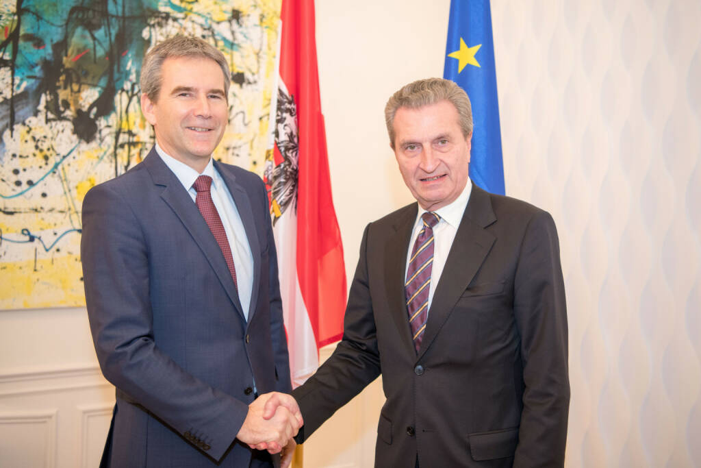 Im Arbeitsgespräch mit EU-Kommissar Günther Oettinger verstärkt Finanzminister Löger die Position Österreichs, keiner pauschalen Erhöhung des EU-Beitrags zuzustimmen. Fotocredit:BMF/Wilke, © Aussender (13.02.2018) 