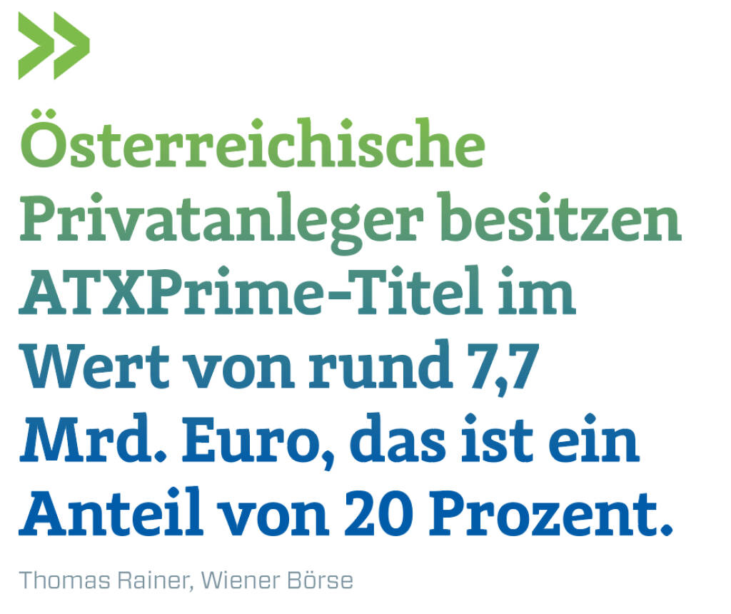 Österreichische Privatanleger besitzen ATXPrime-Titel im Wert von rund 7,7 Mrd. Euro, das ist ein Anteil von 20 Prozent. 
Thomas Rainer, Wiener Börse (13.02.2018) 