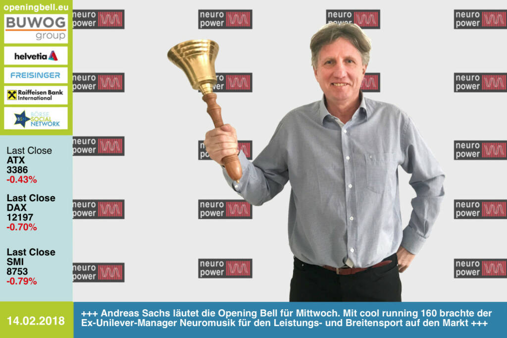 #openingbell am 14.2.: Andreas Sachs läutet die Opening Bell für Mittwoch. Mit cool running 160 brachte der Ex-Unilever-Manager  Neuromusik für den Leistungs- und Breitensport auf den Markt http://www.neuromusic.at https://www.facebook.com/groups/Sportsblogged  
https://www.facebook.com/groups/GeldanlageNetwork/  #goboersewien  (14.02.2018) 