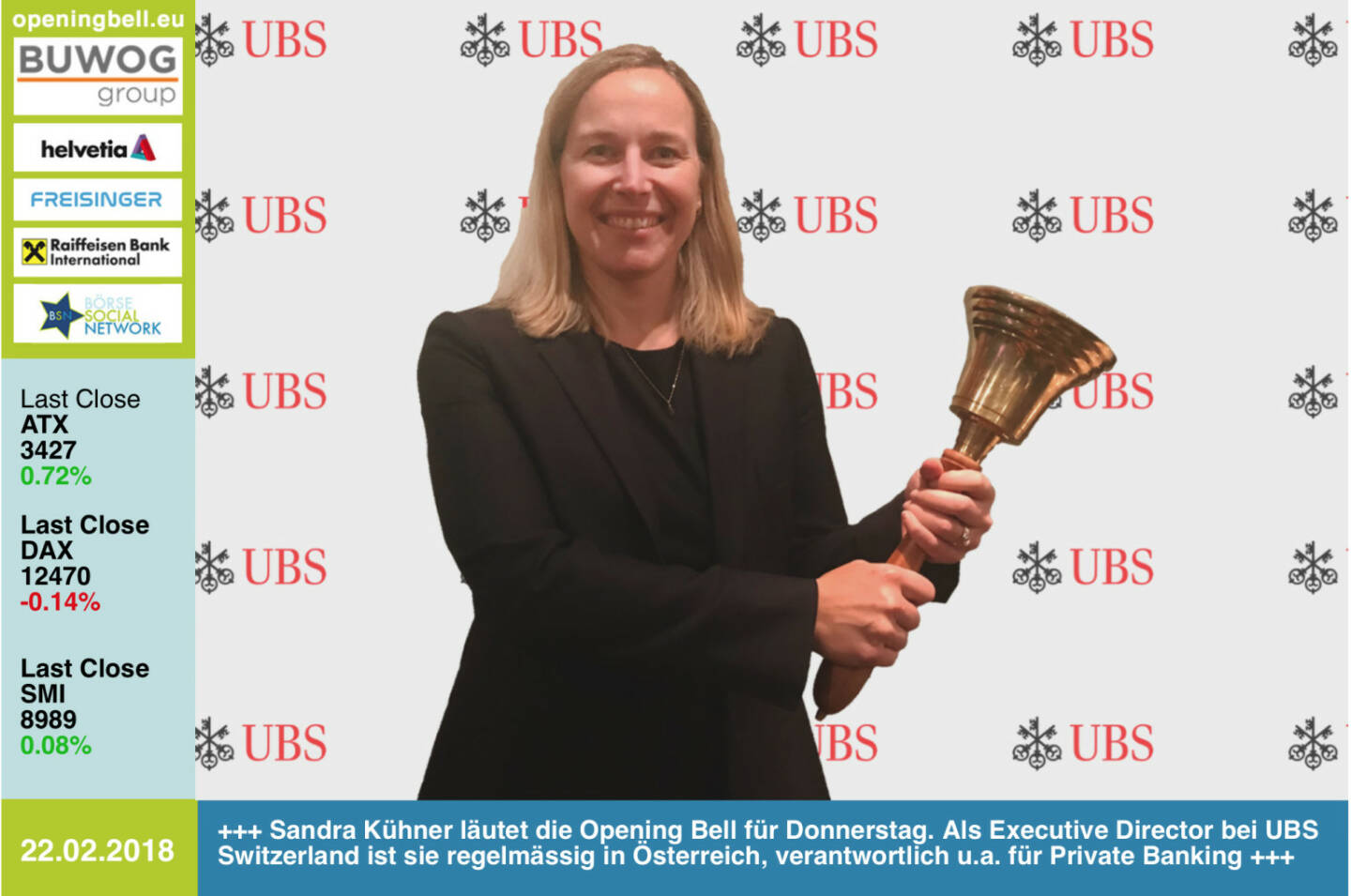 #openingbell am 22.2.: Sandra Kühner läutet die Opening Bell für Donnerstag. Als Executive Director bei ‎UBS Switzerland ist sie regelmässig in Österreich, verantwortlich u.a. für Private Banking https://www.ubs.com/at/de.html https://www.facebook.com/groups/GeldanlageNetwork/ #goboersewien 