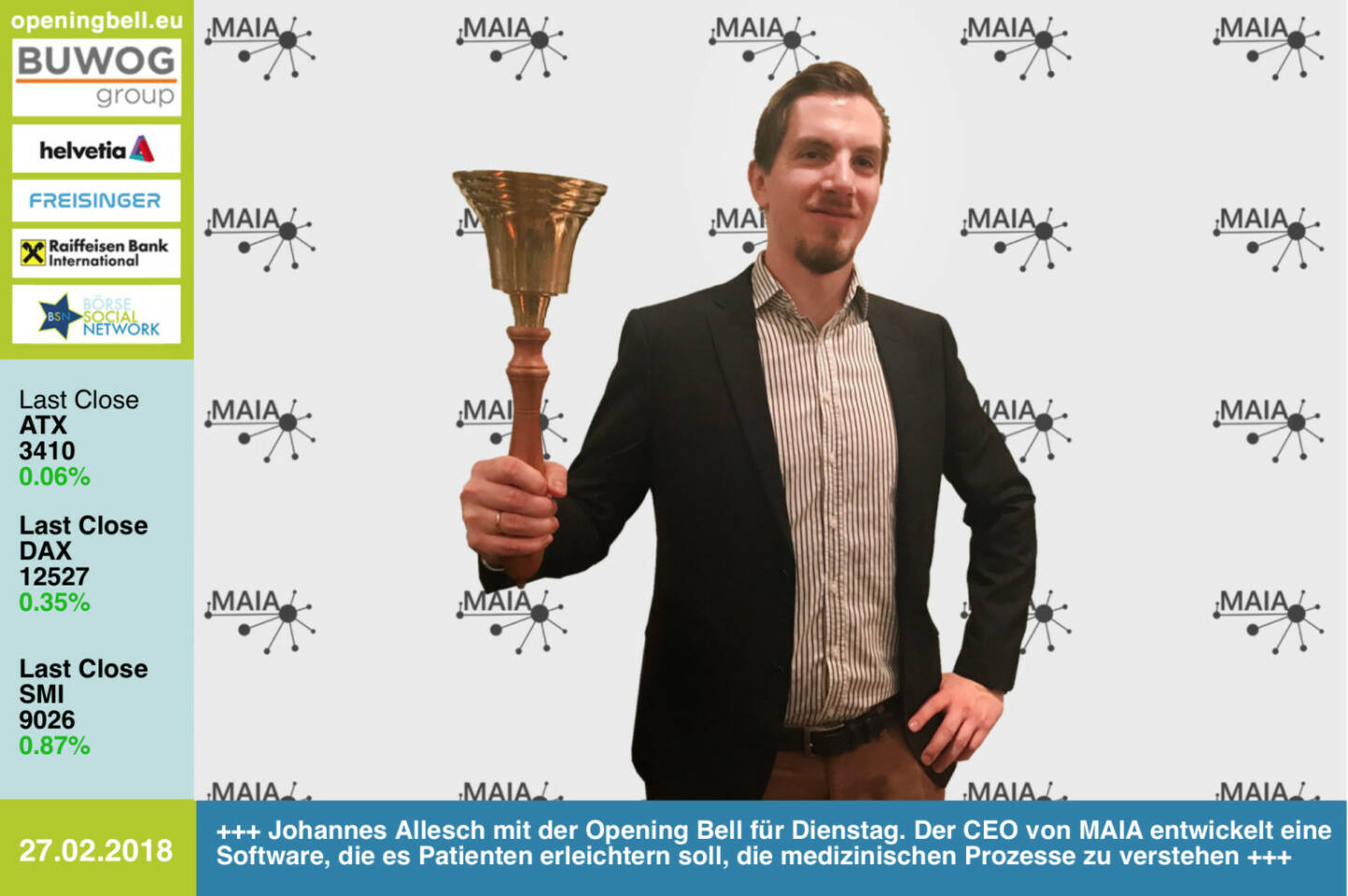 #openingbell am 27.2.: Johannes Allesch läutet die Opening Bell für Dienstag. Der CEO von MAIA entwickelt eine Software, die es Patienten erleichtern soll, die medizinischen Prozesse zu verstehen http://www.maia.tools https://www.facebook.com/groups/GeldanlageNetwork/ #goboersewien 