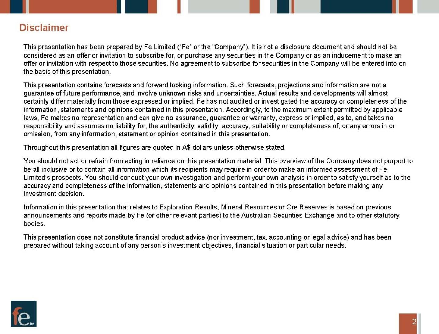 Präsentation FE Limited - Disclaimer