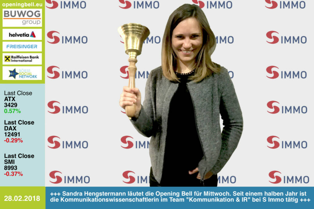 #openingbell am 28.2.: Sandra Hengstermann läutet die Opening Bell für Mittwoch. Seit einem halben Jahr ist die  Kommunikationswissenschaftlerin im Team Kommunikation & IR bei der S Immo tätig https://www.simmoag.at/ https://www.facebook.com/groups/GeldanlageNetwork/ #goboersewien  (28.02.2018) 