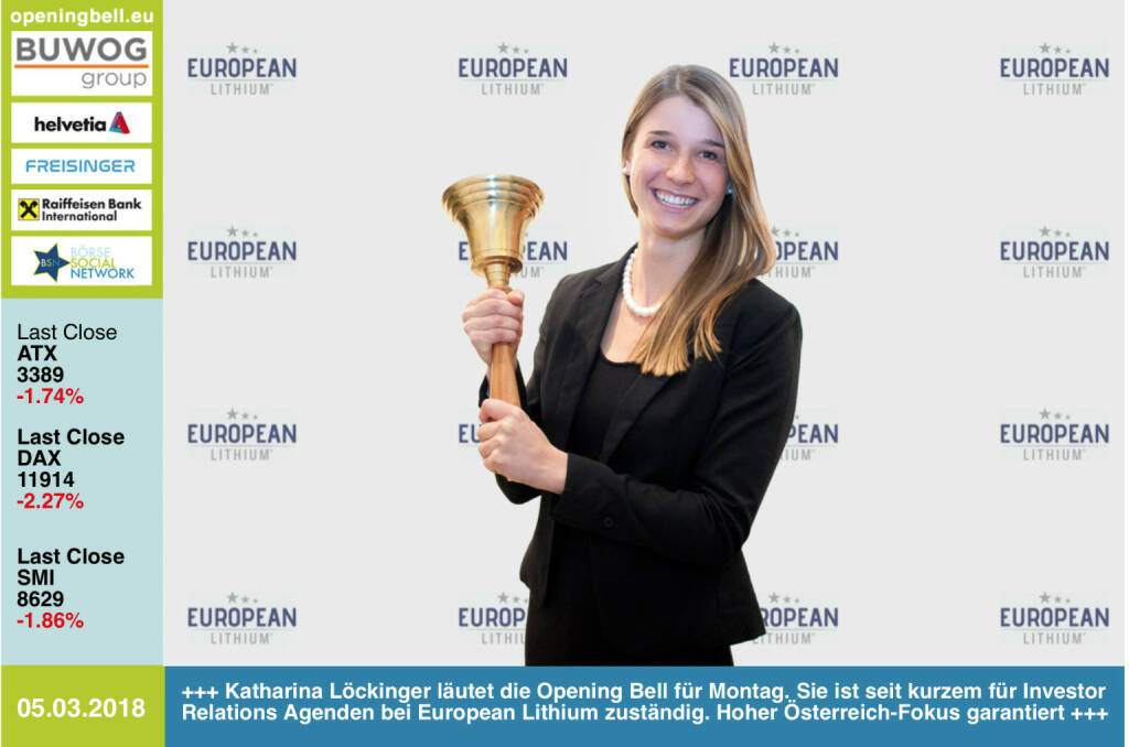 #openingbell am 5.3.: Katharina Löckinger läutet die Opening Bell für Montag. Sie ist seit kurzem für Investor Relations Agenden bei European Lithium zuständig. Hoher Österreich-Fokus garantiert http://europeanlithium.com http://www.boerse-social.com/el  https://www.facebook.com/groups/GeldanlageNetwork/ #goboersewien  (05.03.2018) 