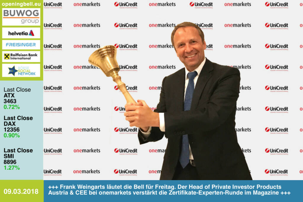 #openingbell am 9.3.: Frank Weingarts läutet die Opening Bell für Freitag. Der Head of Private Investor Products Austria & CEE bei onemarkets verstärkt die Zertifikate-Experten-Runde im Magazine, aus den Sechs Pistols wurden die Glorreichen Sieben http://www.boerse-social.com/magazine https://www.onemarkets.at/de.html https://www.facebook.com/groups/GeldanlageNetwork/ #goboersewien  (09.03.2018) 