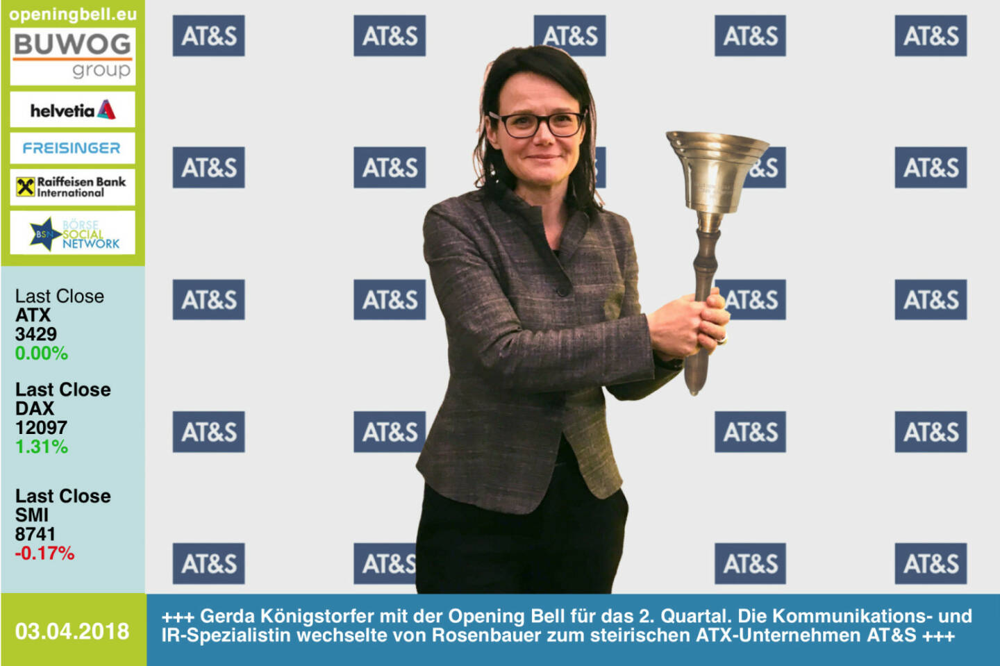 3.4.: Gerda Königstorfer läutet die Opening Bell für Dienstag und das 2. Quartal. Die Kommunikations- und IR-Spezialistin wechselte von Rosenbauer zum steirischen ATX-Unternehmen AT&S https://ats.net/de/  https://www.facebook.com/groups/GeldanlageNetwork/  #goboersewien