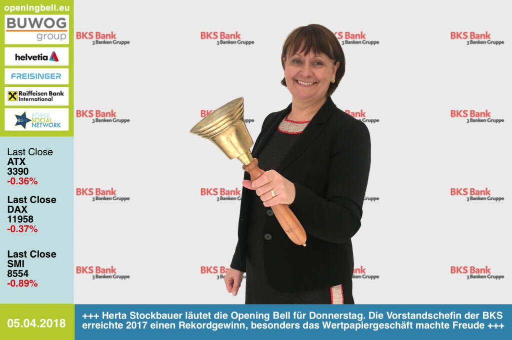 5.4.:  Herta Stockbauer läutet die Opening Bell für Donnerstag. Die Vorstandschefin der BKS erreichte 2017 einen Rekordgewinn, besonders das Wertpapiergeschäft machte ihr Freude http://www.bks.at https://www.facebook.com/groups/GeldanlageNetwork/  #goboersewien (05.04.2018) 